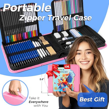 106 Pack Drawing Set Sketching Kit, Pro Art Supplies Sketch Pencils Set - color: Pink, size: 106 Pack