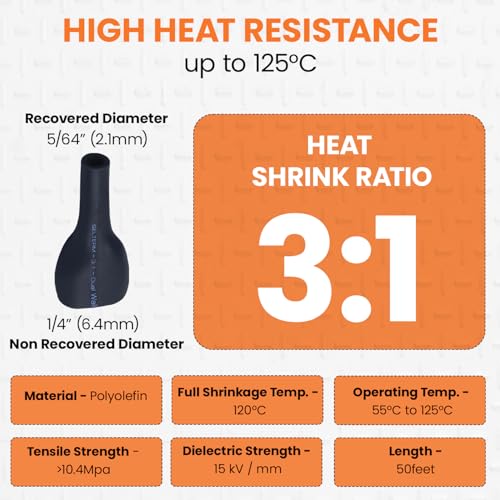 SELTERM 1/4" Black [50 Feet] Marine Grade 3:1 Ratio Heat Shrink Tubing Roll - color: Black, size: 1/4" - 6.4MM