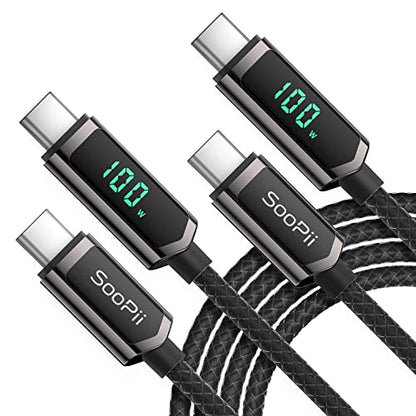SOOPII 100W USB C Cable with LED Display,Nylon Braided,Black [10FT,2-Pack] - color: Black, size: 10 Feet (2-Pack) 100W