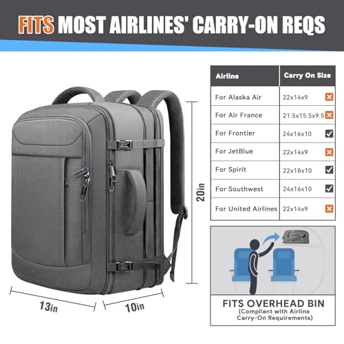 45L Travel Backpack, Expandable Carry On Backpack, Grey - color: Grey, size: 17.3 inch (21"x13"x9")