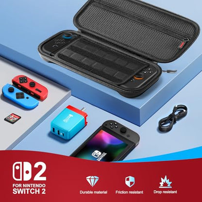 AodoT 14 in 1 Switch 2 Accessories Bundle - Crossbody Carrying Case Kit with TPU/Silicone Protectors, Screen Guards & 4 Thumb Grips - Black