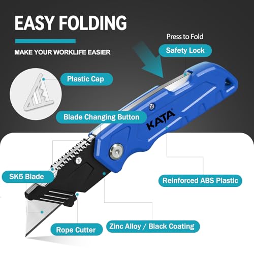 KATA Folding Box Cutter, 2 PC Pocket Utility Knife with 10 SK5 Razor Blades - color: Orange/Blue