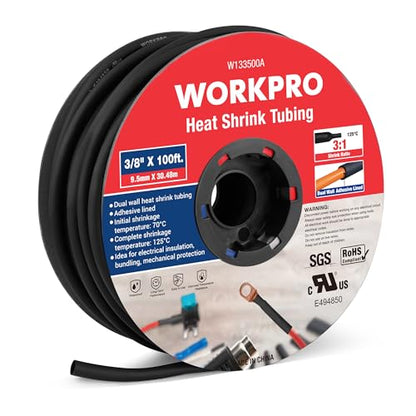 WORKPRO 3/8" Heat Shrink Tubing, 100 ft, 3:1 Dual Wall Adhesive, Black - size: 3/8"-100ft