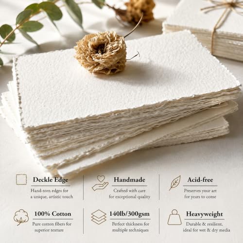 Deckle Edge Watercolor Paper, 100% Cotton, 140 LB, 300 g/m², 30 Sheets - size: 5" X 7"