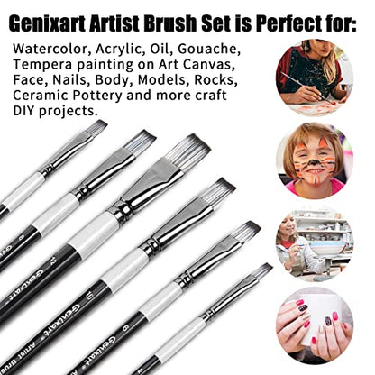 Genixart Flat Paint Brush Set – Art Paintbrushes Acrylic Oil Watercolor - size: Flat - 6 Pcs