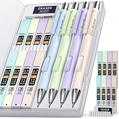 Nicpro Pastel Mechanical Pencil Set, 0.7mm Cute Pencils, Fast Click, 4 Pack - style: 4PCS-0.7mm
