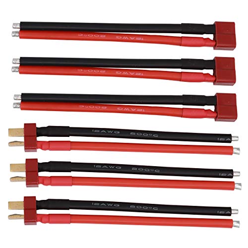 3 Pairs T Plugs Female and Male Connector RC Battery Balance Charge Cable Adapter Connectors Compatible with RC Airplane Quadcopter car Boat Lipo Battery ESC Charger（12AWG 10cm）