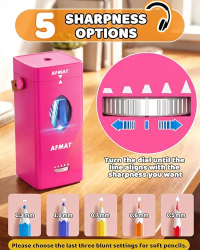 AFMAT Electric Pencil Sharpener, Fully Automatic Pencil Sharpener for 6-12mm No.2/Jumbo Pencils, Auto in & Out, 5 Sharpness Modes, Rechargeable Heavy Duty Sharpeners for Classroom/Home/Office PSC7 - color: Pink