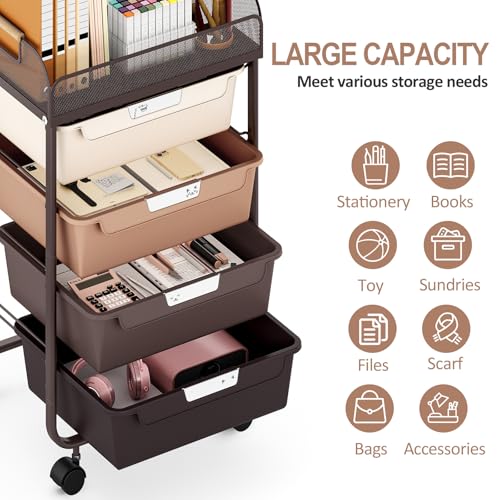 SYKIARIOL 4-Drawer Rolling Storage Cart with Mesh Top,Brown - color: Gradient Brown