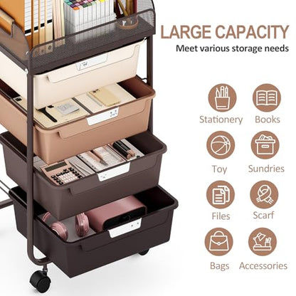 SYKIARIOL 4-Drawer Rolling Storage Cart with Mesh Top,Brown - color: Gradient Brown