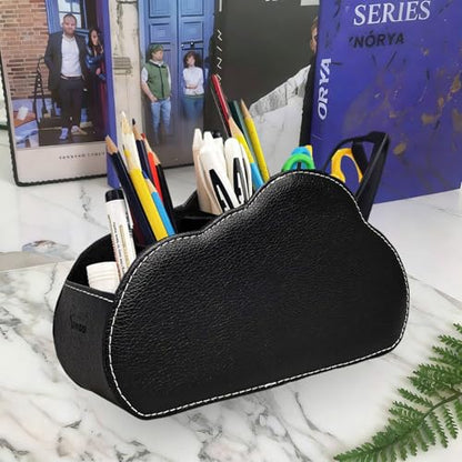 Remote Control Holder - 5 Spacious Compartments TV remote holder Caddy Leather Control Storage Tabletop Desk Organizer for Remote Controller,Office Stationery,Makeup Brush - color: Classic Black