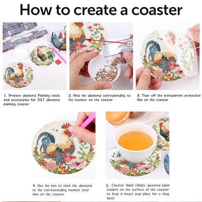 askkqtx 8 Pcs Chicken Diamond Art Coasters Kits with Holder 4X4 Inch - color: Coasters-bdwy296