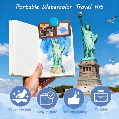 Mini Watercolor Travel Set, 12 Color Portable Walnut Wood Art Kit