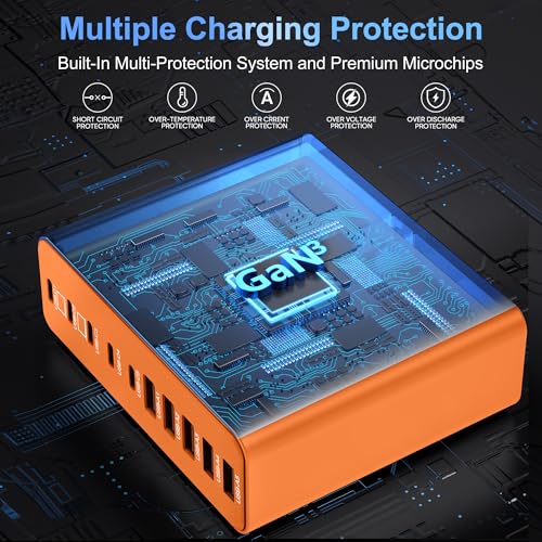 800W USB C Charger Block,10-Port Charging Station - color: Orange