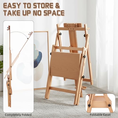Beech Wood H-Frame Easel for Painting with Tray & Drawer, Natural - color: Natural