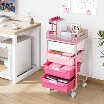 SYKIARIOL 4-Drawer Rolling Storage Cart with Mesh Top, Rose Pink - color: Gradient Pink