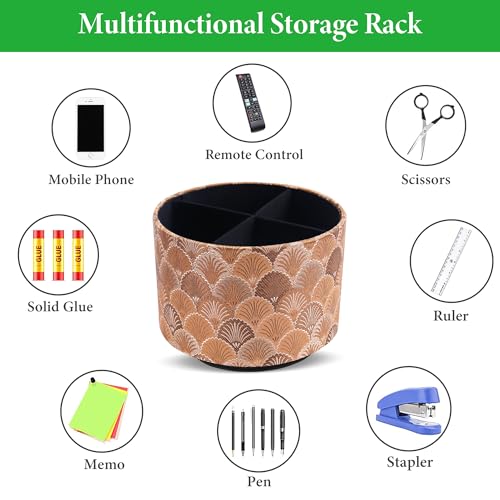 Round Leather Art Supply Organizer,Remote Control Holder,360-degree Rotating Pen Organizer with 4 Compartments(1-Peacock Copper) - color: 1-5Peacock Copper