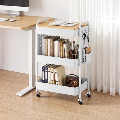 3 Tier Rolling Cart with Table top, Metal Utility Cart with DIY Pegboard - color: White With Pegboard