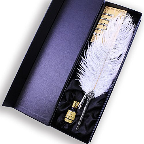 Featty Gifts Natural White Ostrich Plume Dip Quill Pen Set,Retro Crown Penholder and Crave Pattern Penstand Stem,Writing Feather Pen for Party