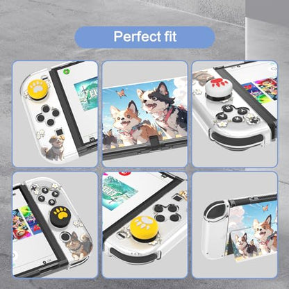 NANANINO Protective Case for Switch OLED – Cute Hard Shell with Kickstand, Screen Protector & 2 Thumb Grips – All-In-One Dockable Cover for Girls, Compatible with Switch OLED Console - color: Dog