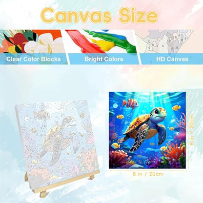 HITO Sea Turtle Paint by Numbers Kit for Kids with Frame Easel 8x8 inch - color: Sea Turtle