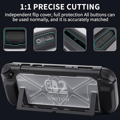 PAWDIARY Black Switch 2 Carrying Case Travel Pouch, Accessories Bundle with Heavy Duty Switch 2 Dockable Cover, HD Screen Protector, and 8 Thumb Caps - color: Black-Heavy duty