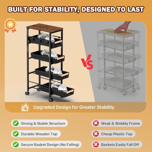 SUNALLY Slim Storage Cart with Wheels, Narrow Kitchen Rolling Cart, Black - color: Black, size: 14.21x8.15x32.91 Inch