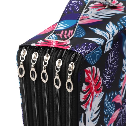 250 Slots Canvas Pencil Case 5-Layer Zipped Holder w/Handle - color: Black Leaves, size: 250