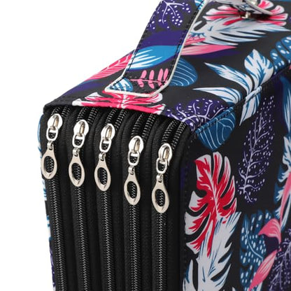 250 Slots Canvas Pencil Case 5-Layer Zipped Holder w/Handle - color: Black Leaves, size: 250