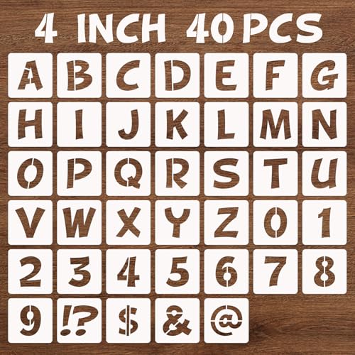 BAMIDELE 4 Inch Letter and Number Stencils, 40 Pcs Reusable Plastic Alphabet Spray Paint Stencils for Painting on Wood, Wall, Fabric, Rock, Chalkboard, Door Porch, Signage, DIY Craft Decoration - size: 4 Inch