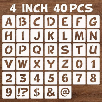BAMIDELE 4 Inch Letter and Number Stencils, 40 Pcs Reusable Plastic Alphabet Spray Paint Stencils for Painting on Wood, Wall, Fabric, Rock, Chalkboard, Door Porch, Signage, DIY Craft Decoration - size: 4 Inch