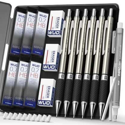 WUO 0.7 mm Mechanical Pencil Set with Eraser Pen Storage Case, 6 PCS - color: Black 5 - 0.7mm (6 Pack)