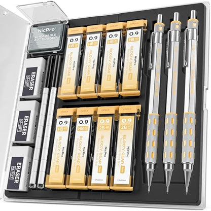 Nicpro Blocky Gear 0.9 mm Mechanical Pencils Set in Case, 3 Pack - style: 0.9mm