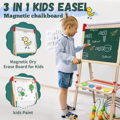Adjustable Wooden Art Easel for Kids,Double Sided Chalkboard & Whiteboard - color: green