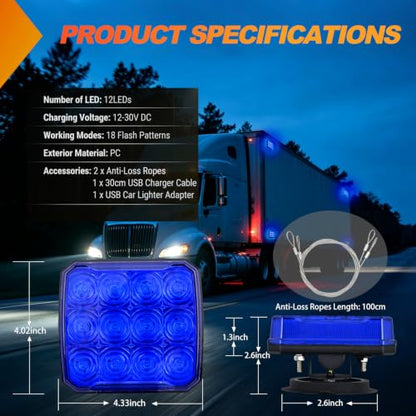 Nilight Magnetic Strobe Lights 2PCS Blue 12 LED Rechargeable Emergency - color: 12LED 18Modes Blue