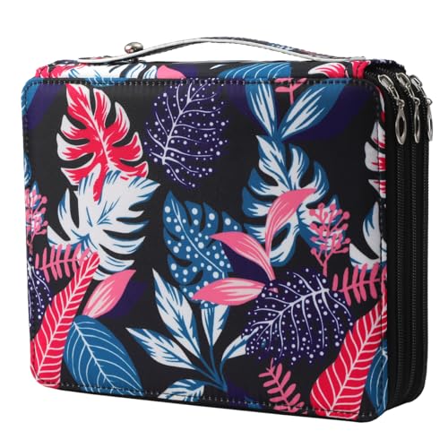 Canvas 120 Slots Pencil Case 3-Layer Zipped Holder w/Handle - color: Black Leaves, size: 120