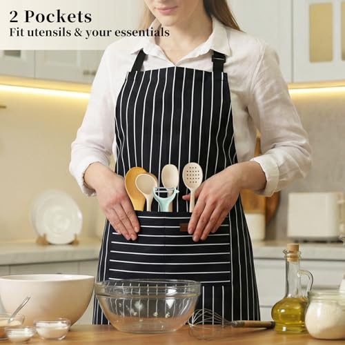 2 Pack Cooking Aprons Adjustable Bib Apron for Women with 2 Pockets, Kitchen Restaurant Men Chefs Aprons - color: Black/Black Stripes