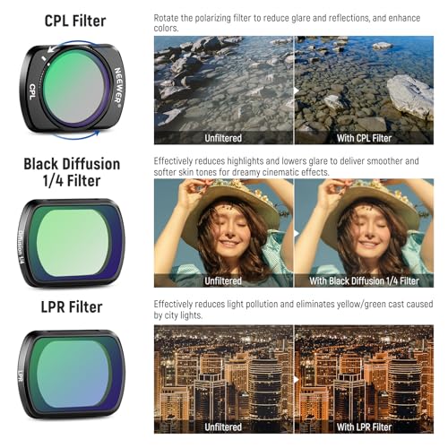 NEEWER 14 Pack Magnetic ND Filter Set Compatible with DJI Osmo Pocket 3 / Pocket 4 / Xtra Muse, CPL, ND8/16/32/64/128/256/1000, ND8/PL ND16/PL ND32/PL ND64/PL, Black Diffusion 1/4, LPR Effect Filter - style: 14 Pack ND+ND/PL+Effect w/Cleaning Cloth