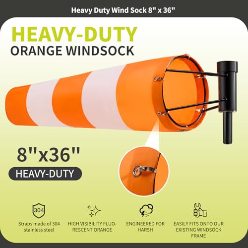 Heavy Duty Windsock 8" x 36"Includes Diameter Ball Bearing Windsocks Frame - color: Orange White Stripe / Black Frame