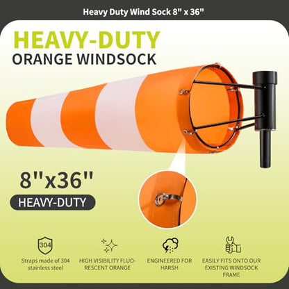 Heavy Duty Windsock 8" x 36"Includes Diameter Ball Bearing Windsocks Frame - color: Orange White Stripe / Black Frame