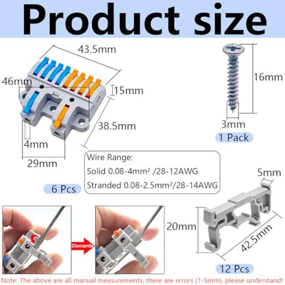 CESFONJER 2-in-8-out Compact Terminal Blocks (6 Sets), Lever Wire Splicing Connectors, 2 Input 8 Output, DIN Rail & Screw Fix, 28-12AWG, Includes Mounts & Screws - color: set3