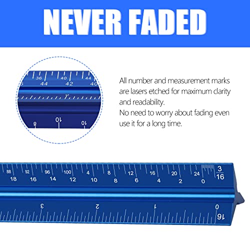 12" Architectural Scale Ruler, Aluminum Scale, Triangular Ruler, Scale Ruler for Blueprint Imperial Measurements for Architects Engineering Artists, Draftsman Drawing, Laser-Etched Markings.(Blue) - color: blue