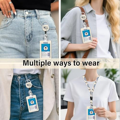Texas ID Badge Holder with Lanyard, Texas Retractable Reel Clip & Keychain - color: Texas