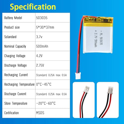 503035 3.7V Lipo Battery 500mAh 503035 Rechargeable Lithium - size: 503035 500mAh