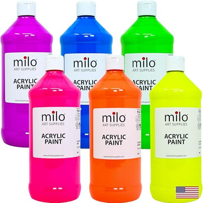 milo Fluorescent Acrylic Paint Set, 6 Neon UV Colors, 32 oz Bottles - style: Fluorescent Set 6 x 32 oz