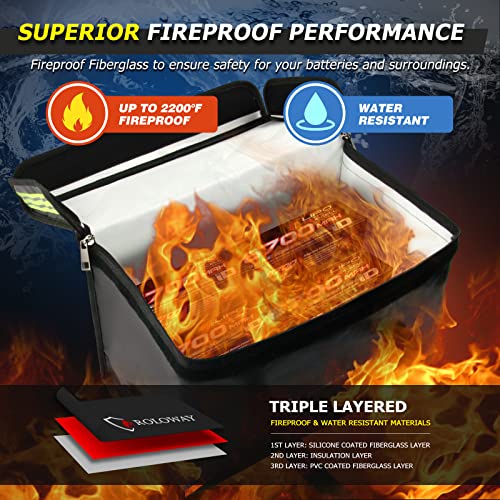 ROLOWAY Lipo Battery Bag (15 x 8.5 x 10 inch), Large Fireproof Lipo Ebike Bag with Comfortable Handle, Reflective Strip
