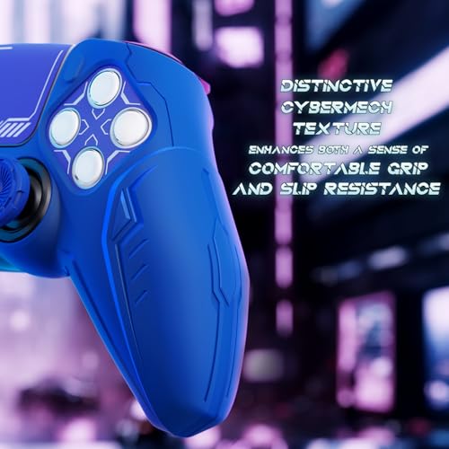 PlayVital Silicone Skin Set for PS5 Controller - Charging Dock Compatible, Full Protection Case with Futuristic CyberMech Design, Soft Cover with Thumb Grips & Stickers - Blue - color: Blue