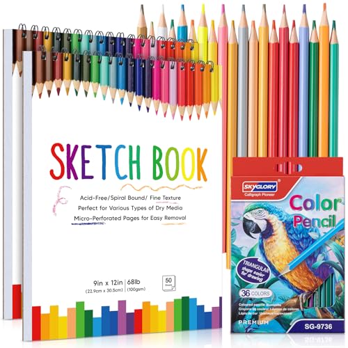 2 Pack Sketch Books for Kids 9 × 12In, 100gsm Drawing Pad with 36 Pencils - color: Classic