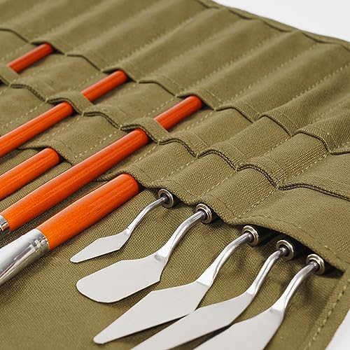 ECHSRT 30-Slot Canvas Paint Brush Holder Roll Up Case Organizer, Green - color: Army Green