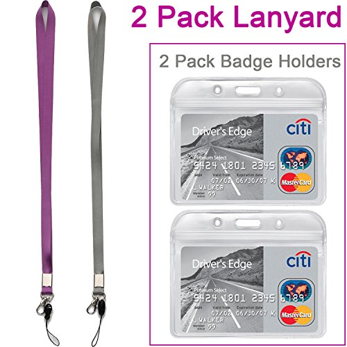 2Pack Horizontal ID Badge Holders with Neck Lanyards with Clip,Purple,Grey - color: Grey&purple